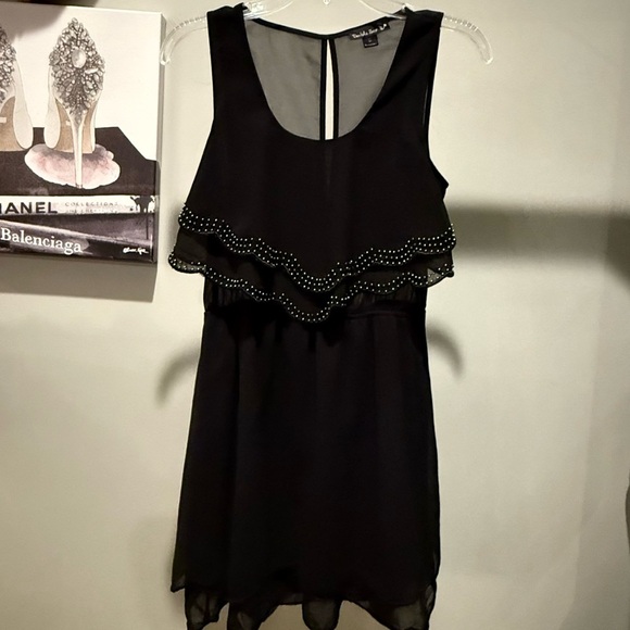 Vintage Y2K Black Sleeveless Scalloped Edge Tiered Mini Dress w/ Beading Small - Picture 12 of 12